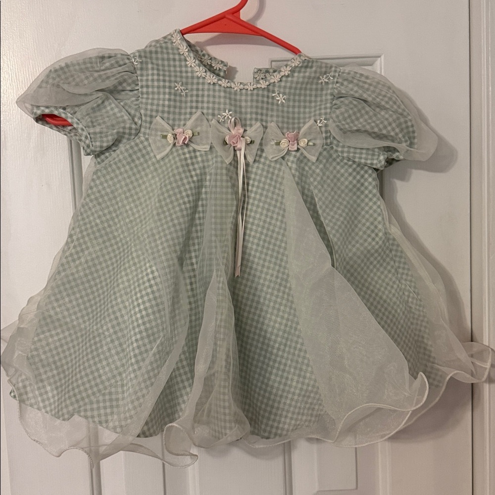 Bonnie Baby Mint Gingham Dress with Floral Trim
